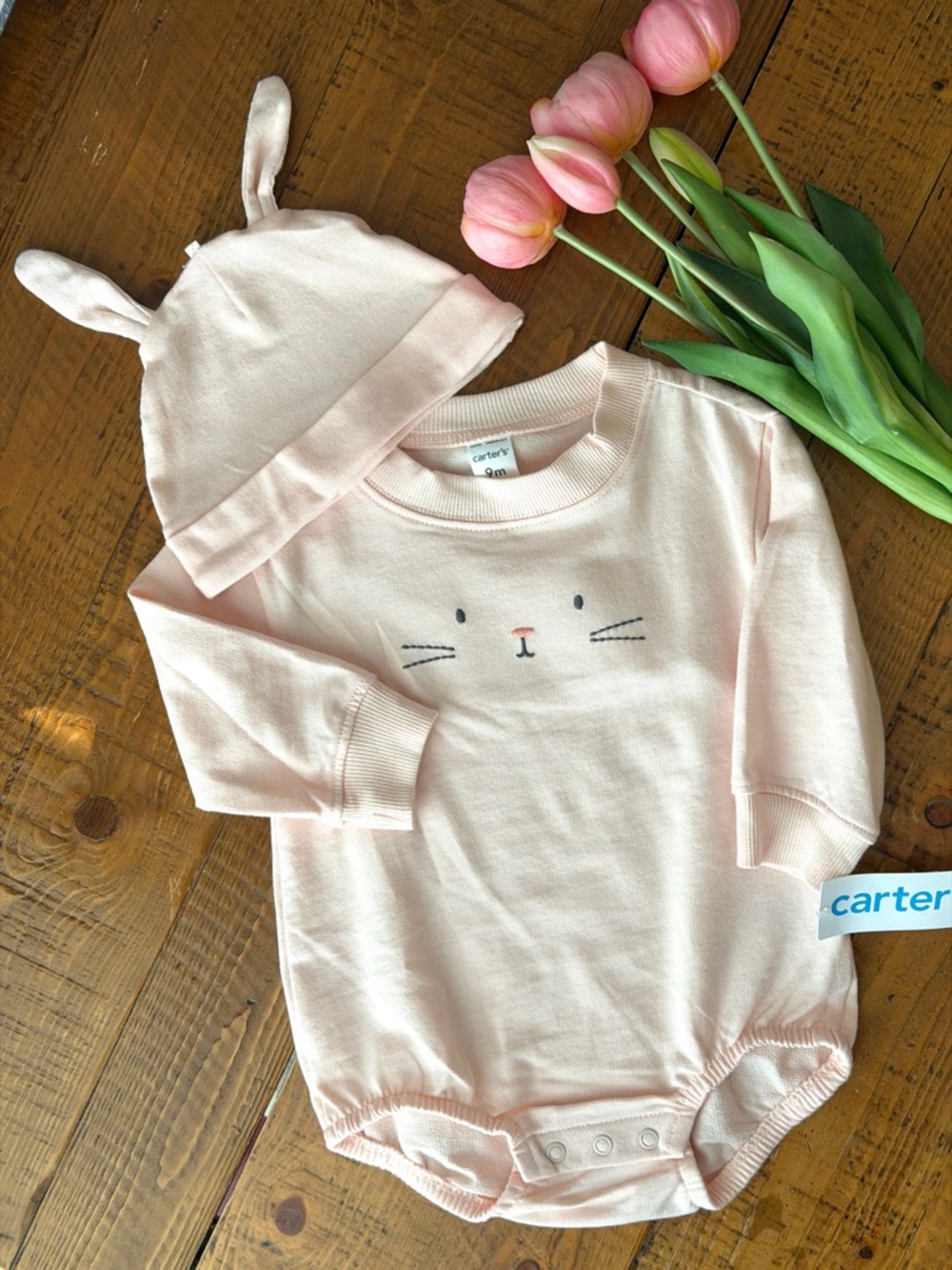 NWT’s Carter's Pink Bunny Face Bubble Romper with bunny ears Hat for baby girl